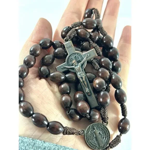 Catholic St Benedict Rosary Wooden Beads Metal Crucifix INRI 20” - Picture 6 of 6